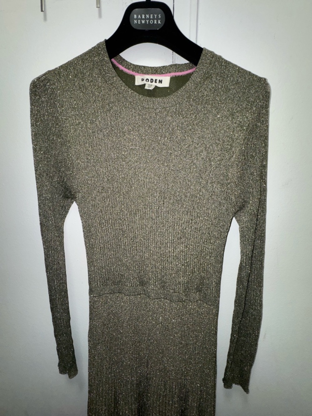 Boden Olive Green Metallic Long-Sleeve Pleated Midi Dress Medium - Picture 4 of 9
